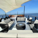 Luxury Amazon river deck with shaded lounge chairs, used on Kraken’s expedition mothership
